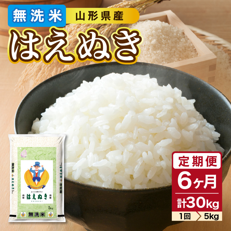 036-T03 《6ヶ月定期便》山形県産 無洗米 令和7年産 はえぬき 5kg×6ヶ月(計30kg)【山形県産 BG精米製法】
